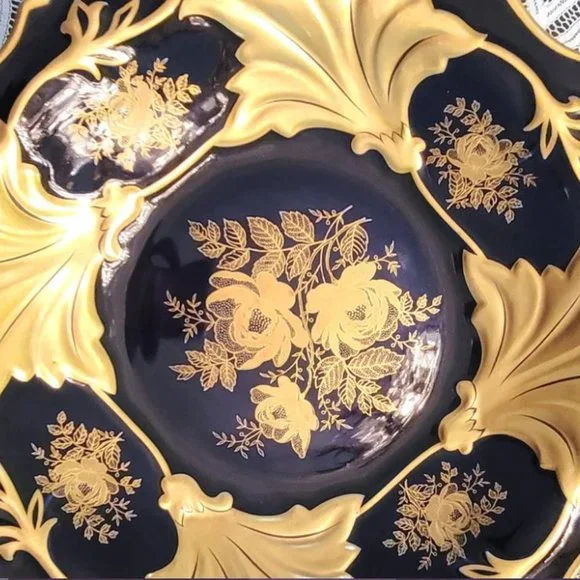 Vintage Jetta Cobalt Blue Gold Leaf Round Platter Bowl w/stand WEIMAR PORCELAIN - Picture 11 of 11
